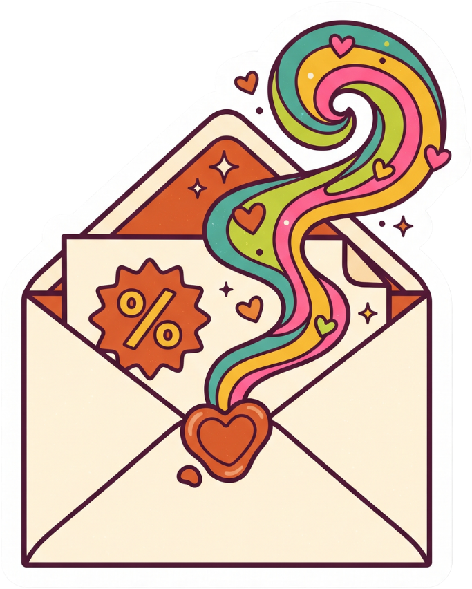 Retro open envelope releasing a colourful scented message with a discount tag