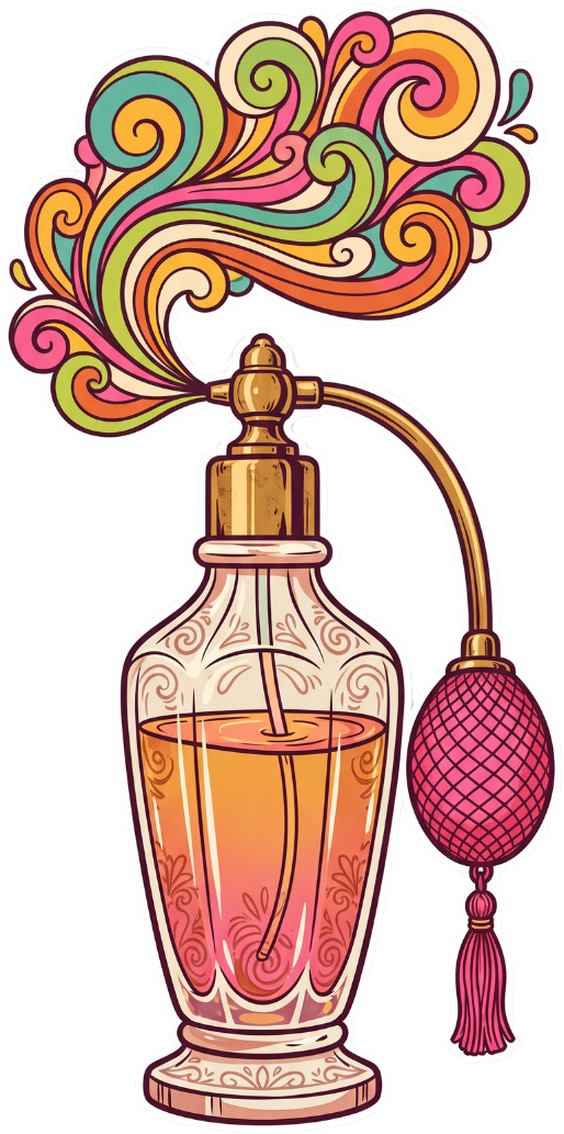 Retro perfume atomizer bottle spraying a colourful psychedelic scent